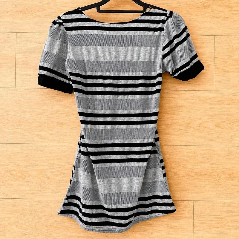 🖤 Bellani Collection Vestido de rayas gris y negro Xs de punto ceñido con mangas cortas – photo 2